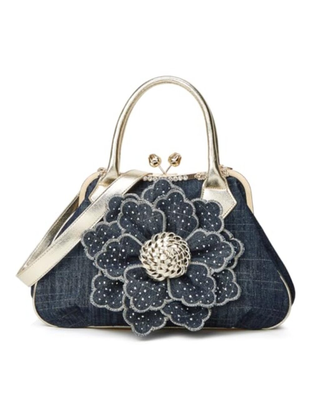 Denim Kiss Lock Tote Handbag Large Rhinestone Flower Clutch Crossbody Purse